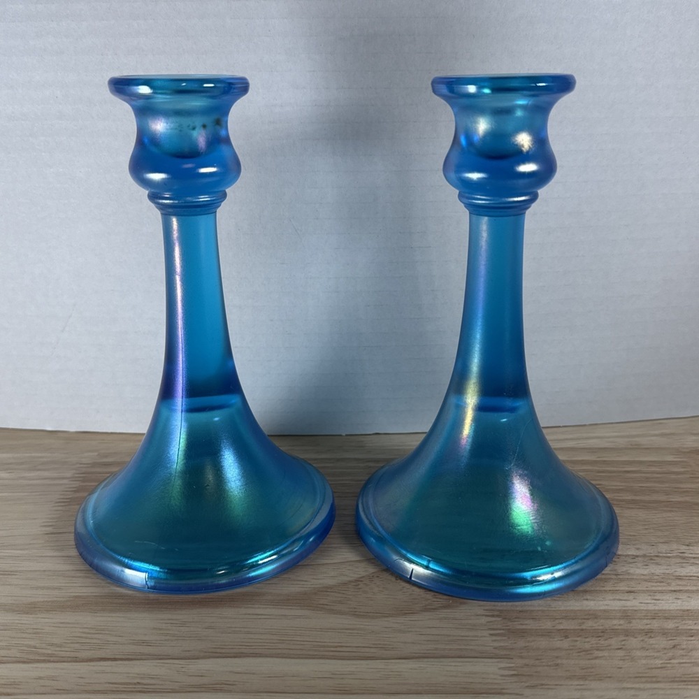 Northwood Candle Holders Celestial Blue Stretch Glass 7" Rainbow Sheen